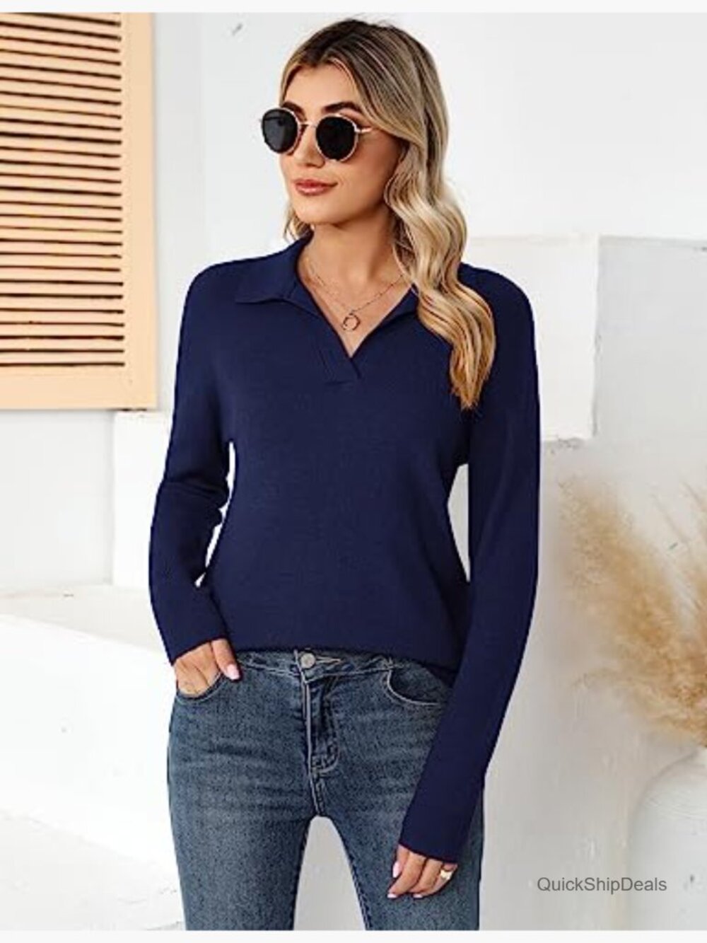 Women's Knitted V-Neck Polo Sweater Long Sleeve Winter Pullover - Picture 6 of 7
